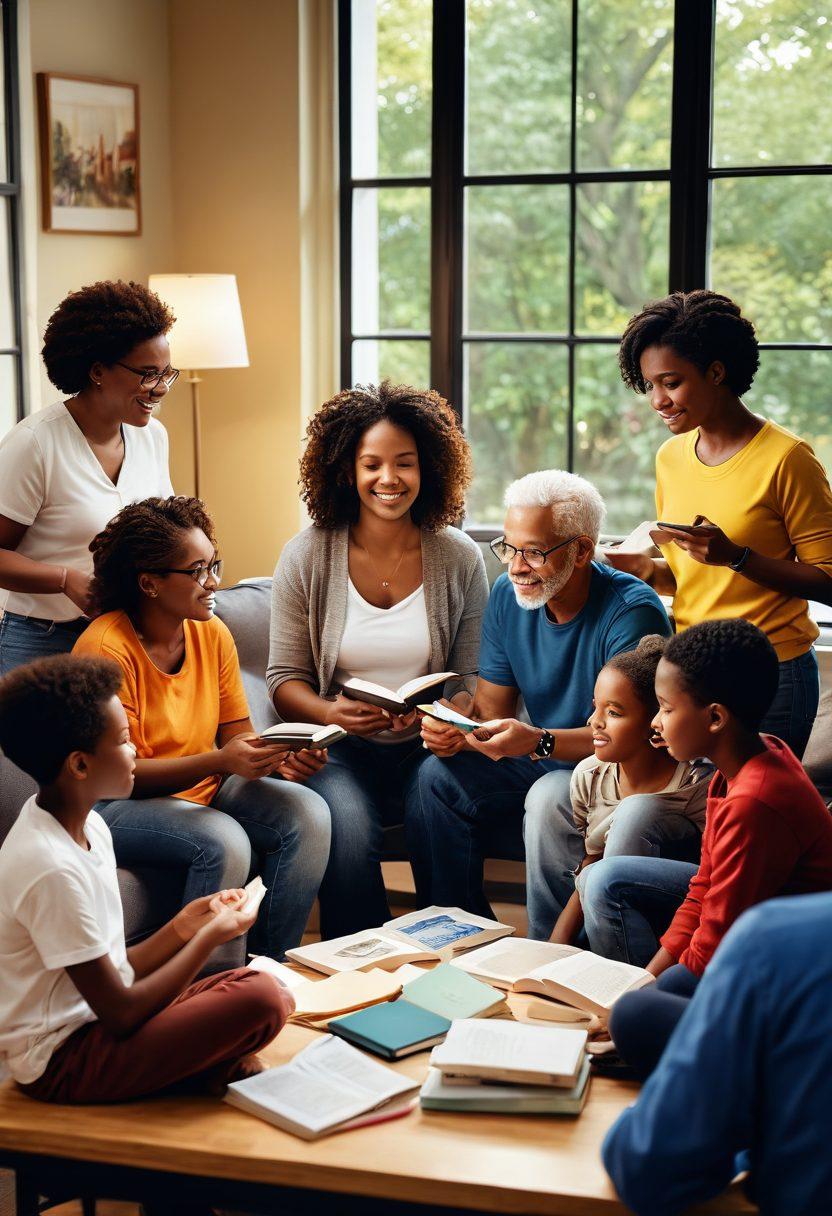 An inspiring scene depicting a diverse group of individuals of different ages and backgrounds engaging in a support group setting, surrounded by educational materials like books and digital devices. Include elements of hope and empowerment, with warm lighting and vibrant colors. Emphasize connection and resilience through their body language and expressions. Illustrate a backdrop of an open window symbolizing opportunity and growth. super-realistic. vibrant colors. 3D.