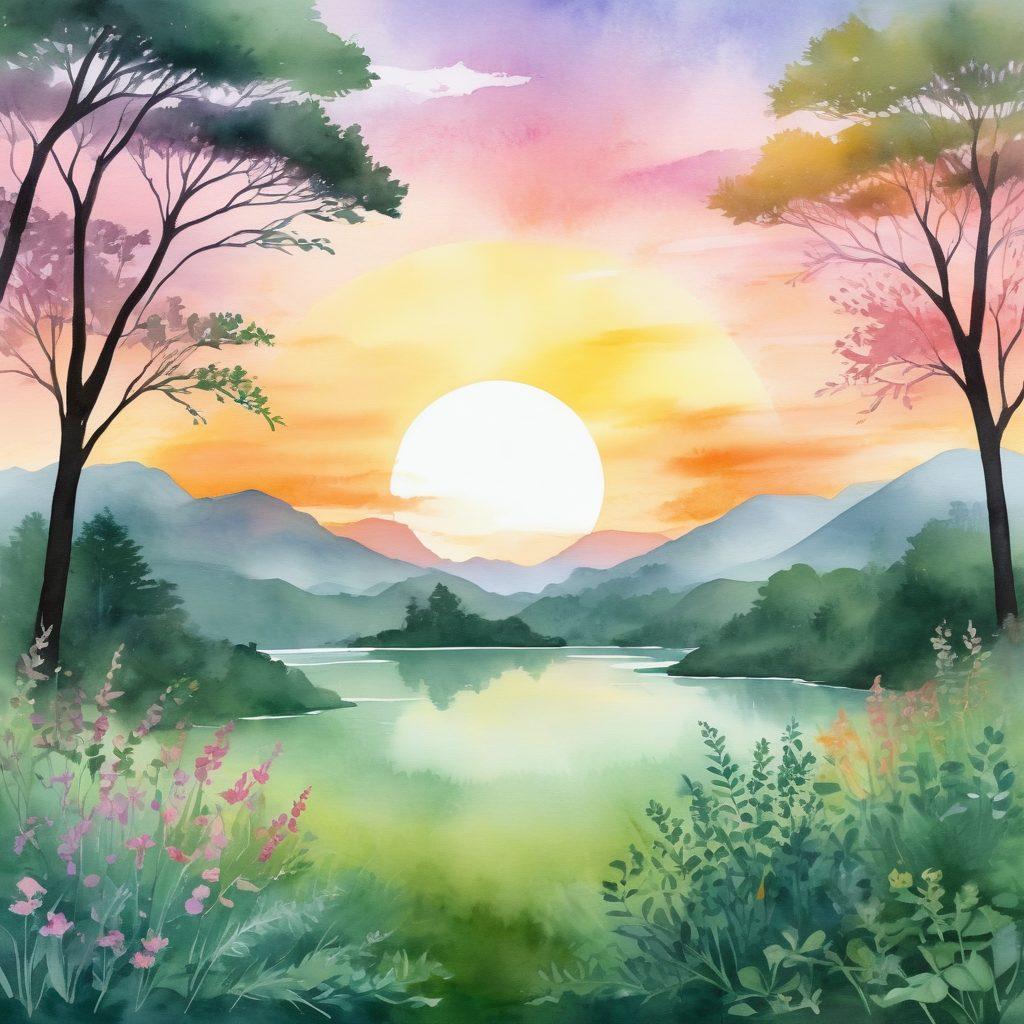 A serene landscape depicting a sunrise symbolizing hope, with silhouettes of diverse cancer survivors sharing their stories in a supportive circle. Incorporate elements like green plants and gentle streams to evoke healing, while showcasing advanced cancer care technology subtly in the background. The colors should be warm and inviting to reflect a positive future in wellness. watercolor style. soft focus.
